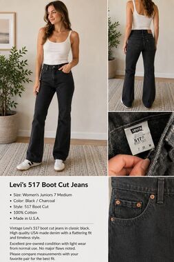 Vintage Levi's 517 Boot Cut Jeans Women's Juniors 7 M Black  USA 100% Cotton Y2K